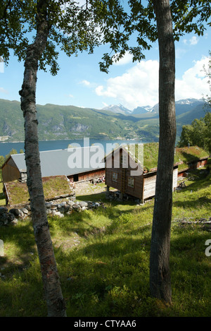 Ytste Skotet, Stordal, Norway, living museum based on how Norwegian's in this area lived from 1850-1900, Ramstaddal summer camp on a mountain farm overlooking Storfjorden near Sykklyven, Møre and Romsdal, Norway Stock Photo