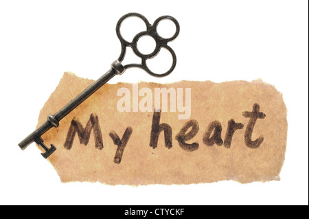 Old key and my heart words isolated on white background Stock Photo