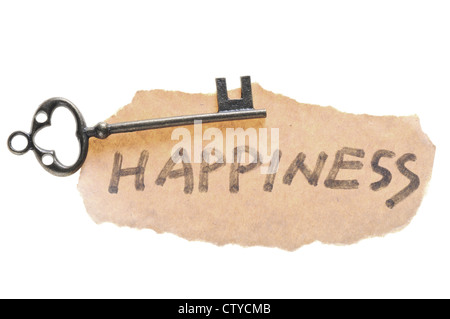 A key to happiness concept with a key and the word happiness isolated ...