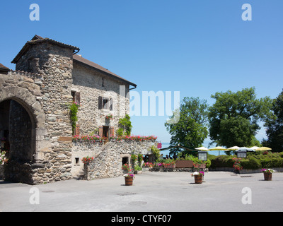 Part of the stone walls of the medieval village of Yvoire situated on the southern bank of of Lake Geneva in the Haute Savoie Stock Photo