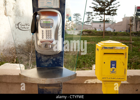 Maroc Telecom phone box and Poste Maroc mail box, Essaouira Morocco Stock Photo