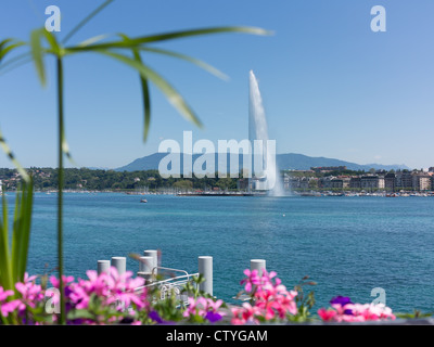 A view across Lake Geneva towards the 140 metres (459 feet) high Jet D'Eau water fountain. Stock Photo