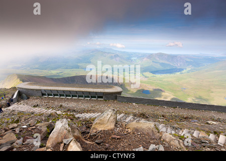 View across Snowdonia from Hafod Eryri, the visitor centre at the summit of Snowdon. Stock Photo