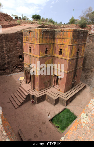 One of the famous churches of Lalibela, Ethiopia, hewn from the rocks. This one is bete Giyorgis, or Saint George church. Stock Photo