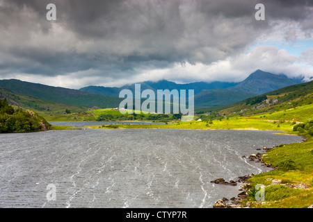 View of lake, Llynnau Mymbyr, from Cape Curig towards Mount Snowdon, Dyffryn Mymbyr, Snowdonia National Park, Wales Stock Photo