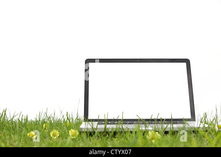 Laptop on grass,isolated on white background. Stock Photo
