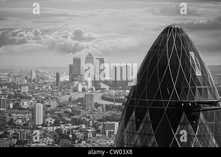 United Kingdom. England. City of London. High, panoramic viewpoint. Gherkin building and Canary Wharf. Stock Photo