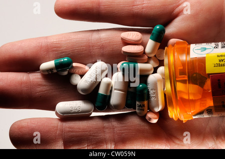 Prescription medications taken by a patient with polycystic kidney disease Stock Photo