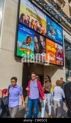 Paris, France, Movie Posters Outside French Cinema Theater, People Walking on the Avenue Champs Elysees, Gaumont, billboards, Street, film movie sign Stock Photo