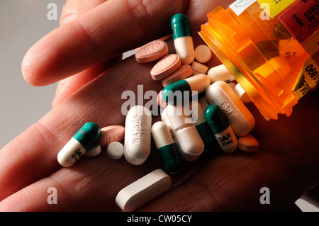 Prescription medications taken by a patient with polycystic kidney disease Stock Photo