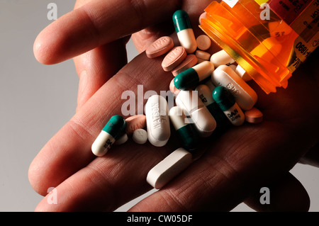 Prescription medications taken by a patient with polycystic kidney disease Stock Photo