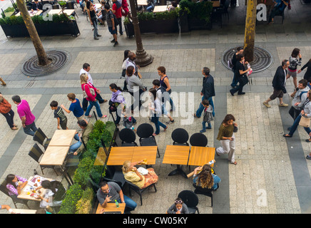 Paris, France, Aerial View, Large Crowd of People Walking on the Avenue Champs Elysees, busy Sidewalk French Café Terrace, street centre paris Stock Photo