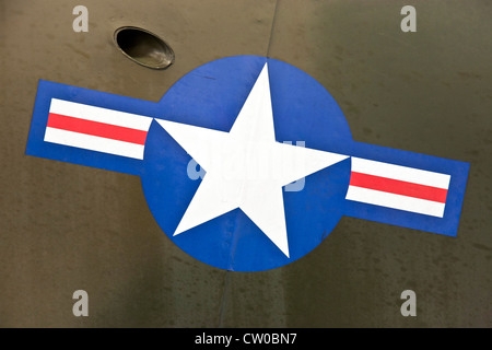 US Navy military aircraft logo roundel over camouflage paint on side of Douglas A-1 proud American Korean War skyrider plane