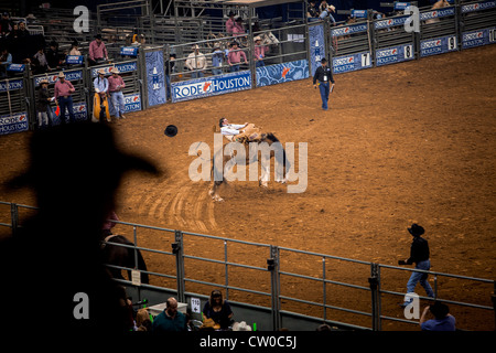 Cowboy riding a bucking bronco at the Houston Livestock Show and Rodeo. Stock Photo