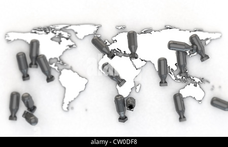 bombs falling over world map extruded on white background Stock Photo