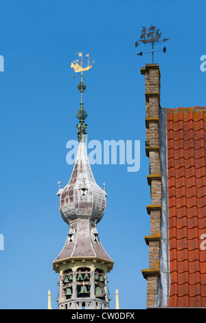 Belfry and weather vane on top of 15th century City Hall of Veere. Historic town in Zeeland province in south of The Netherlands Stock Photo