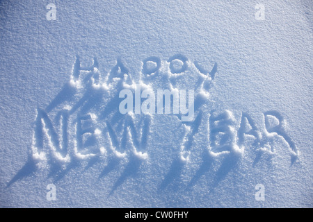 Happy New Year written in snow Stock Photo
