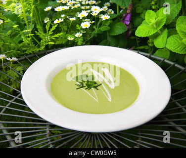 Bowl of mint pea soup Stock Photo