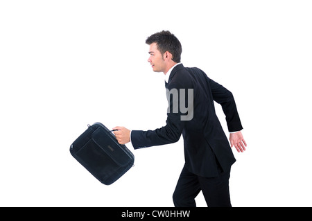 Isolated young business man running Stock Photo