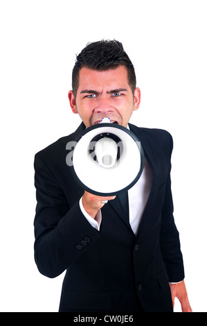 Isolated young business man with loudspeaker Stock Photo