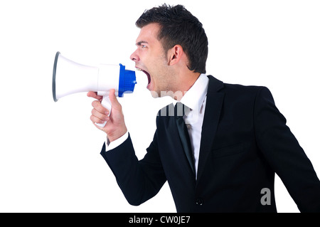 Isolated young business man with loudspeaker Stock Photo