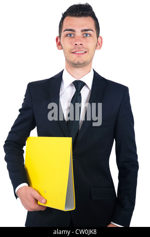 Isolated young business man standing with folder Stock Photo
