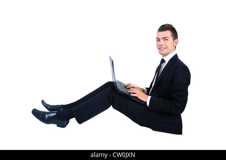 Isolated happy business man with notebook Stock Photo