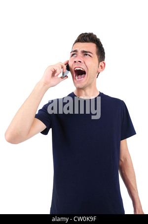 Isolated casual man screaming at phone Stock Photo