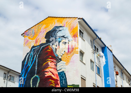 Huge mural on apartment block in Santoña fishing port, Cantabria, Northern Spain Stock Photo