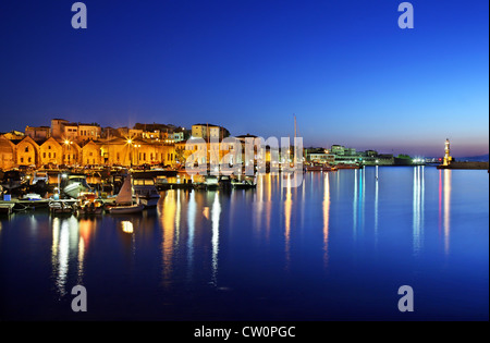 Night view of the old harbor of Chania town, Crete, Greece. Stock Photo