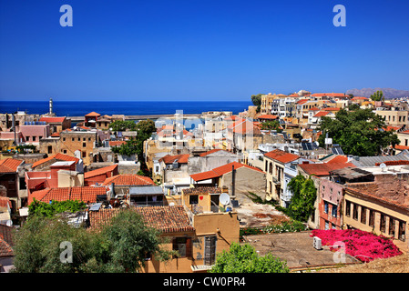 Panoramic view of the old town of Chania. In the background, the old Venetian port and the 'Egyptian' lighthouse. Crete,Greece Stock Photo
