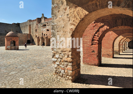 Inner court and well of the Catalan fortress Fort de Salses at Salses-le-Château, Pyrenees, France Stock Photo