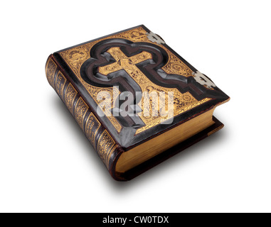 A very ornate and large Holy Bible on a white background Stock Photo