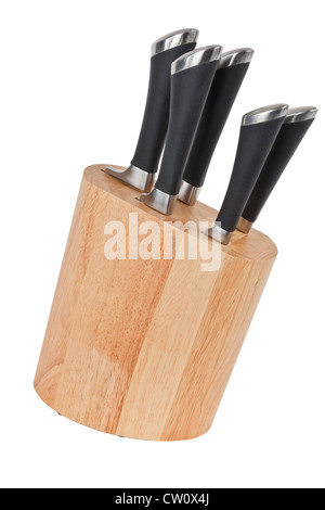 Set of kitchen knives in wooden block isolated on white with work path Stock Photo