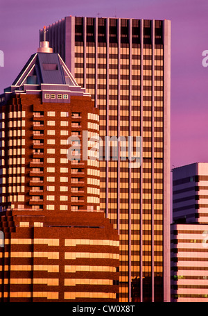 KOIN tower building (left) and First Interstate tower at sunrise, Portland, Oregon Stock Photo