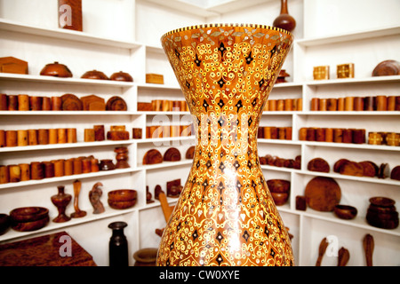 Moroccan marquetry vase for sale in a craft shop, Essaouira Morocco Africa Stock Photo