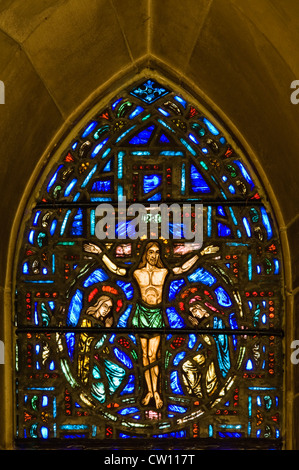 Part of a Stained Glass Panel Depicting Jesus Christ on the Cross at Duncan Memorial Chapel in Crestwood, Kentucky Stock Photo
