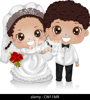 Illustration of a Young African-American Couple Wearing Wedding Costumes Stock Photo