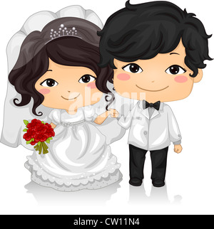 Illustration of a Young Asian Couple Wearing Wedding Costumes Stock Photo