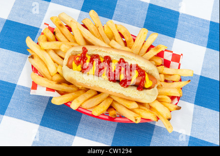 A fresh hotdog surrounded by piping hot French fries in a red serving basket on a checkered tablecloth. Stock Photo