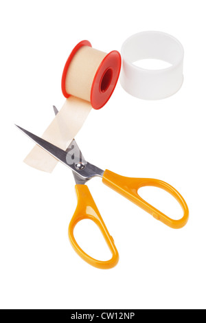 Roll of Medical Sticking Plaster and Pair of Cutting Scissors on White Background Stock Photo