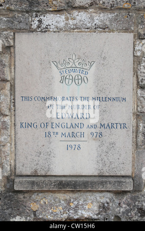 Memorial plaque marking the murder of  Edward The Martyr King of Wessex (18 March 978) in Corfe Castle, Dorset, UK.