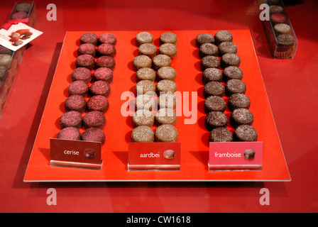 Brussels, Belgium. Shop window in the Galeries St Hubert. Confectionery - cherry, strawberry, raspberry Stock Photo