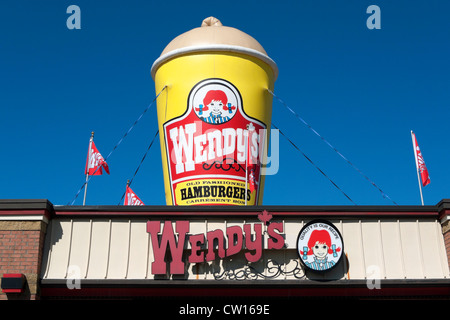 Giant paper cup advertizing sign logo for Wendy's fast food hamburger milkshake restaurant in Fort Erie, Ontario, Canada NORTH AMERICA   KATHY DEWITT Stock Photo