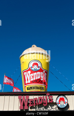 Advertising signs for Wendy's fast food hamburger milkshake restaurant Fort Erie, Ontario, Canada Stock Photo