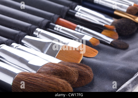 Set of professional make-up brushes in black case Stock Photo