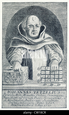 This copper plate from 1750 shows Dominican preacher Johann Tetzel with his cash box and his indulgences. Stock Photo