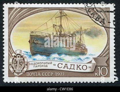 USSR - CIRCA 1977: Postage stamps printed in the USSR, shows the Russian icebreaker 'Sadko', circa 1977 Stock Photo