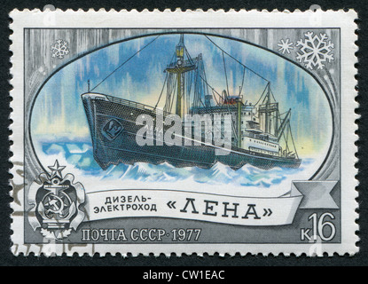 USSR - CIRCA 1977: Postage stamps printed in the USSR, shows the Russian diesel-electric 'Lena', circa 1977 Stock Photo