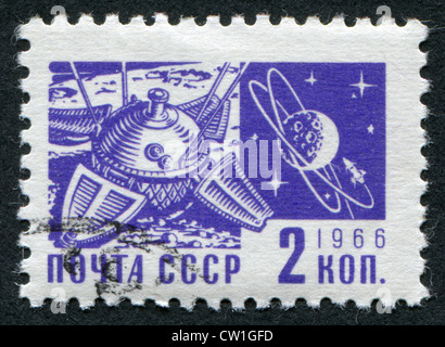 USSR-CIRCA 1966: A stamp printed in the USSR, shows the Soviet space station Luna-9, circa 1966 Stock Photo